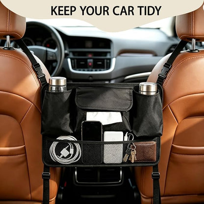 Car Purse Holder Between Seats, Upgraded PU Leather & Mesh Car Organizer Front Seat with Cup Holders, Tissue Holder, Pet & Child Barrier Net for SUV Truck Large Sedan - Image 3