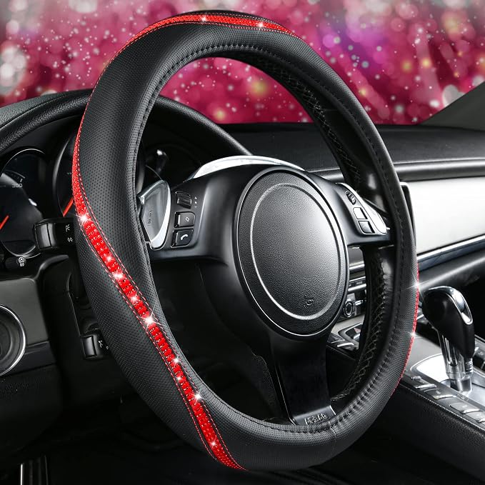 CAR PASS Bling Diamond Black Leather Steering Wheel Cover, Studded Crystal Rhinestones Universal Fit 14" 1/2-15" Glitter for Women Sparkle Girl Fit Suvs,Vans,Sedans,Car,Trucks, Red Diamond - Image 4