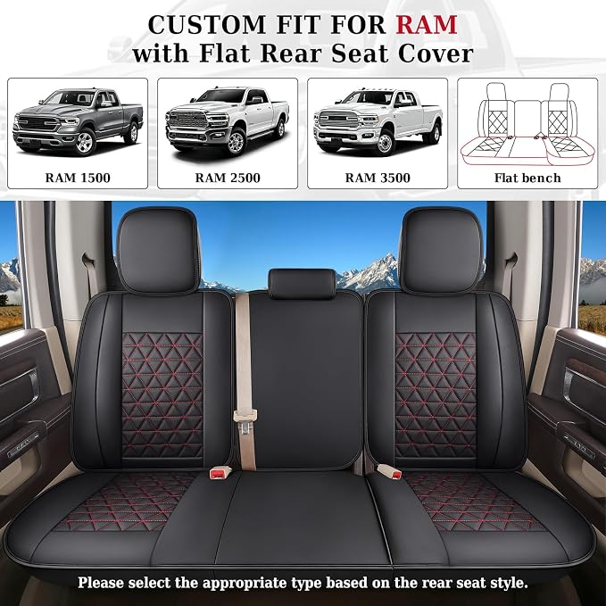 Coverado Leather Car Seat Covers, Waterproof Dooge Ram 1500 Seat Covers Compatible with 2002-2026 Dodge Ram 1500 2500 3500 with Flat Bench (Full Set, Black&Red line) - Image 8