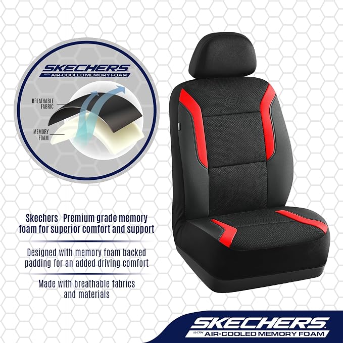 Skechers Memory Foam Car Seat Covers, Air Cool Mesh Thick Seat Covers, Car Seat Full Sets, Airbag Compatible, Automotive Comfort Protection for Most Cars,Vans,Trucks, SUVs,Red - Image 5