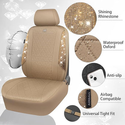 CAR PASS Beige Oxford Bling Diamond Car Seat Covers Full Set Interior Sets, Waterproof Shining Glitter Sparkly Crystal Universal Armrest Fit 95% Automotive Truck SUV Cute Women Girl, Beige Rhinestone - Image 5