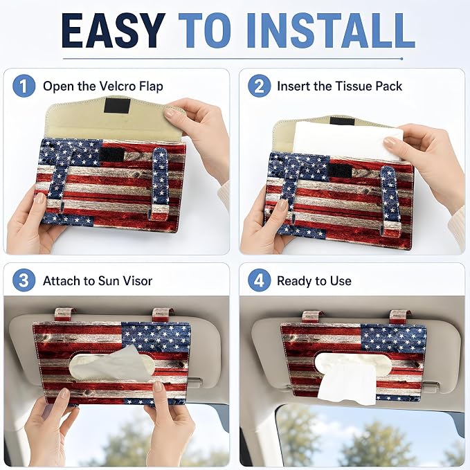 Car Tissue Holder, Cute Sun Visor Napkin Holder Backseat Tissue Case, PU Leather Tissue Box, Funny Car Accessories for Women Men Retro American Flag - Image 3