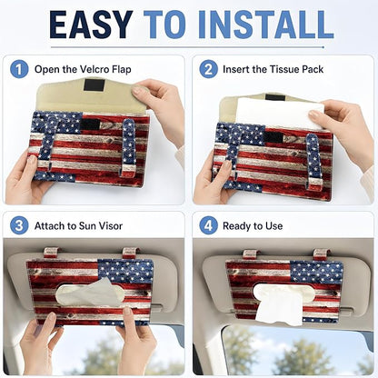 Car Tissue Holder, Cute Sun Visor Napkin Holder Backseat Tissue Case, PU Leather Tissue Box, Funny Car Accessories for Women Men Retro American Flag - Image 3