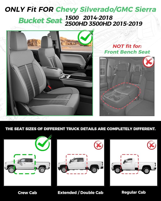 RIDEPOSH Custom Fit Seat Covers for Sierra/Silverado 1500 2014-2018 CrewCab | Fits 2500/3500HD 2015-2020, no Rear Armrest/Seatback Storage, Faux leather, Protective, Scratch-resistant, Easy-clean - Image 2