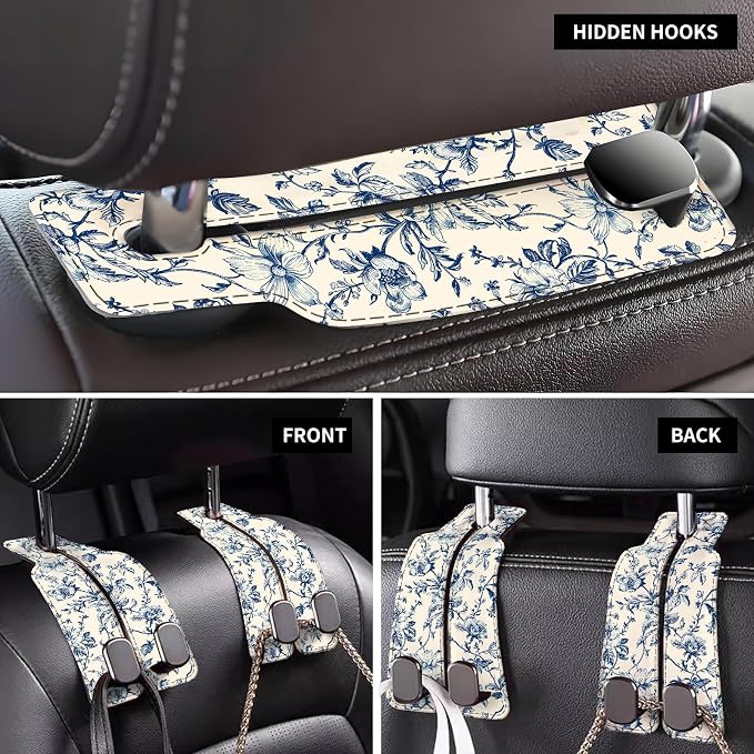 Car Seat Back Storage Headrest Hook, Premium Leather Double Metal Hook, Hanger Storage Organizer for Purse Cloth Bag, Car Interior Accessories Luxury Blue Flowers - Image 4