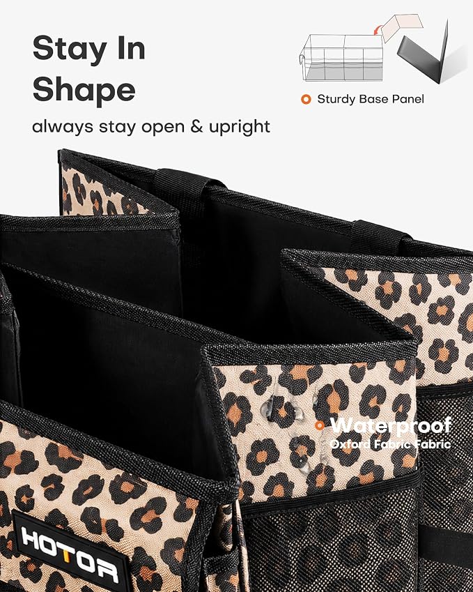 HOTOR Trunk Organizer - Foldable Car Organizer for SUVs & Sedans Storage | Sturdy Car Organization for Men & Women, Car Accessories, Tools, Brown Leopard, 2 Compartments, 21.3" x 12.6" x 10.6" - Image 4