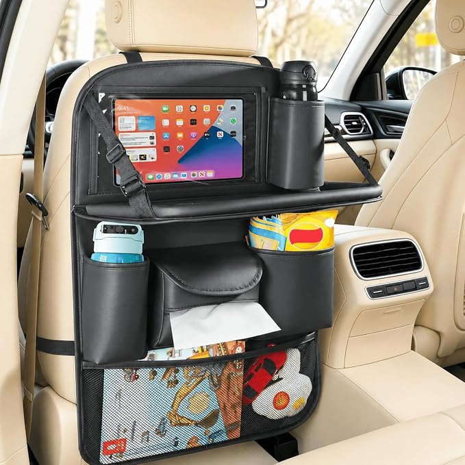 Backseat Car Organizer with Foldable Tray Table (1 Pack) | Premium PU Leather Seat Back Organizer with Tablet Holder, Large Pockets, Kick Mat for Family Travel and Daily Use by Unknown