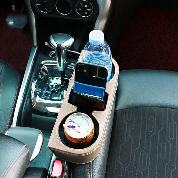 Car Cup Holder, Car Seat Gap Filler Organizer, PU Leather, Beige | Front Seat Organizer, Console Side Pocket, Cell Phone Holder, Coin Bucket, Car Storage Box, Universal Fits, Easy Installation - Image 7