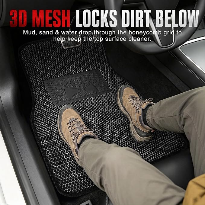 Universal Car Floor Mats, 3D Mesh Fabric All Weather Waterproof Car Floor Liners,With Anti-Slip Granule Backing&Driver Heel Pad,Efficient Dust&Dirt Resistant for Sedan,SUV,Truck,Van,Set of 4pcs - Image 2