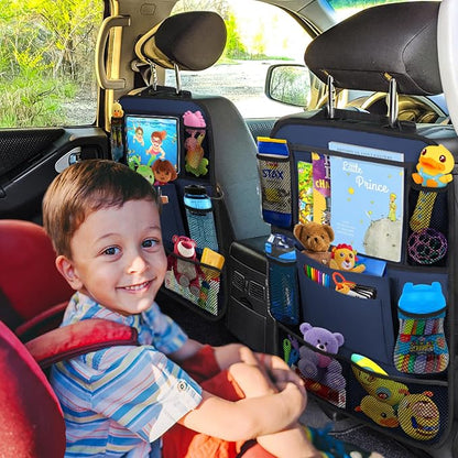 Backseat Car Organizer w/ 10 Storage Pockets, 11" Tablet Holder, 2 PCS Blue | Car Organizers and Storage Kick Mats Back Seat Protector w/ Touch Screen Tablet Holder for Kids Toddlers, Travel Accessories - Image 7