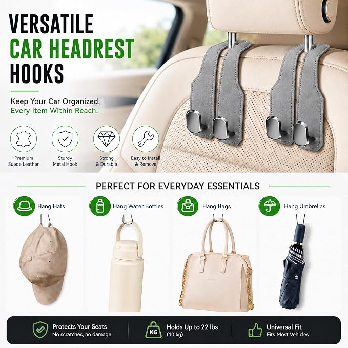 4 Pack Car Headrest Hooks, Dual Metal Hooks, Stylish Gray | Premium leather with dual metal hooks and anti-drop design. Holds purses, bags, coats, and groceries securely. - Image 6