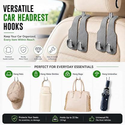 2 Pack Car Headrest Hooks, Dual Metal Hooks, Stylish Gray | Premium leather with dual metal hooks and anti-drop design. Holds purses, bags, coats, and groceries securely. - Image 6