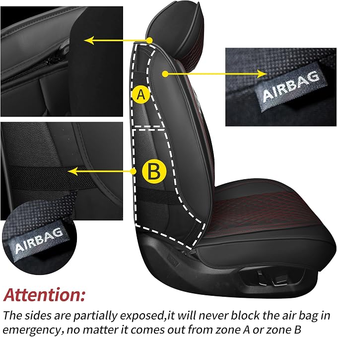 Black and Red Thick Nappa Leather Automotive Front Car Seat Covers Set of 2 | Univerasal Fit,Lumbar Support,3D Contoured,Waterproof,for most Suvs Trucks Sedans - Image 4