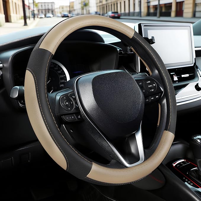 SEG Direct Steering Wheel Cover 14.5-15 inch Car Auto Interior Accessories | Universal Medium Standard Size 37-39cm for Car Truck SUV, Microfiber Leather, Anti-Slip Comfortable Grip, Black and Beige - Image 7