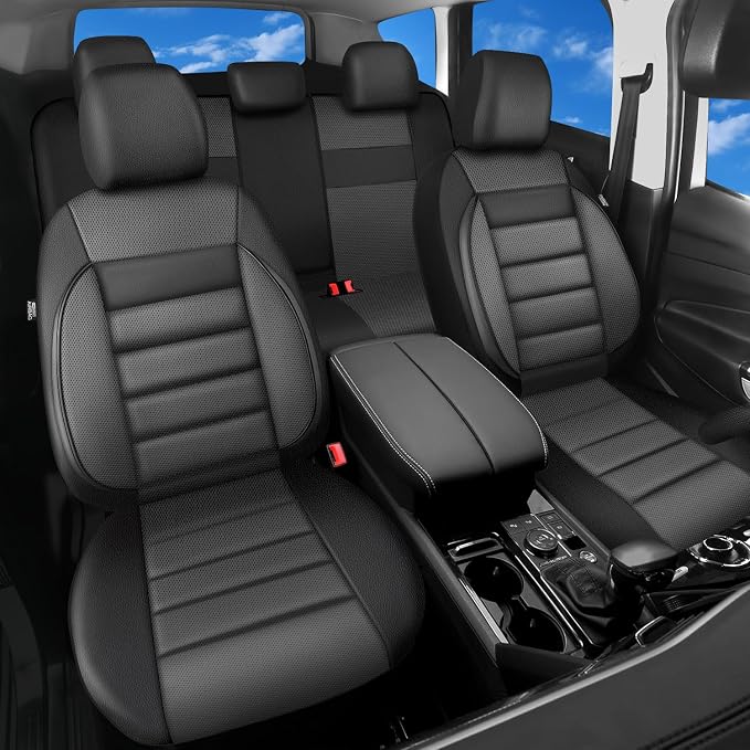 CAR PASS Leather Seat Covers Full Set Universal Water Resistant 3D Foam Back Support, Luxury Comfort Automotive 5 Seat Covers All Season Fit for SUV,Sedan,Van, Airbag Compatible Elegance(Gray Black) - Image 2