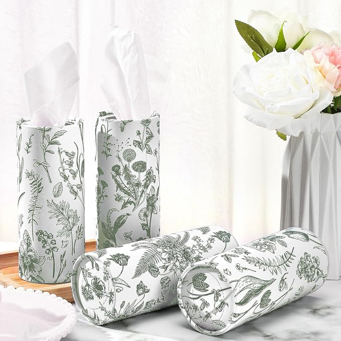 Zonon 8 Pcs Car Tissues Holder Sage Green Floral Round Box with Facial Tissue Bulk Flower Car Tissues Cylinder with 50 Sheets Face Towel Fit for Fall Cube Box Vintage Round Tubes Cup Holder Container - Image 7