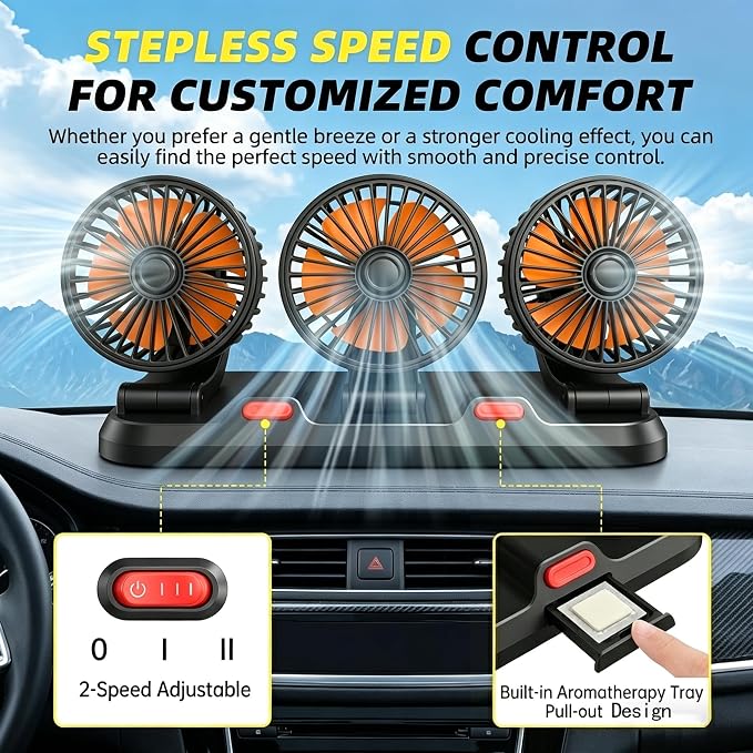 Triple Head 24V Car Fan for SUV Truck Car RV with No AC,Adjustable Car Cool Fan, Triple Head Design, 2-speed Adjustable, 360° Rotating Portable Car Fan,Powered by Cigarette Lighter - Image 8