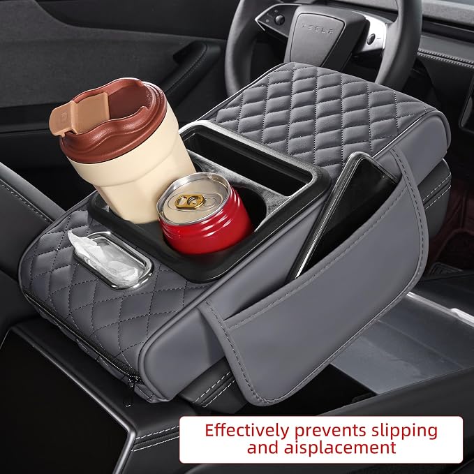 5 in 1 Nappa Leather Console Armrest Cover, Gray | Built-in cup holder, tissue slot, phone holder & 2 storage pockets, practical car accessories fit SUV sedan truck - Image 3