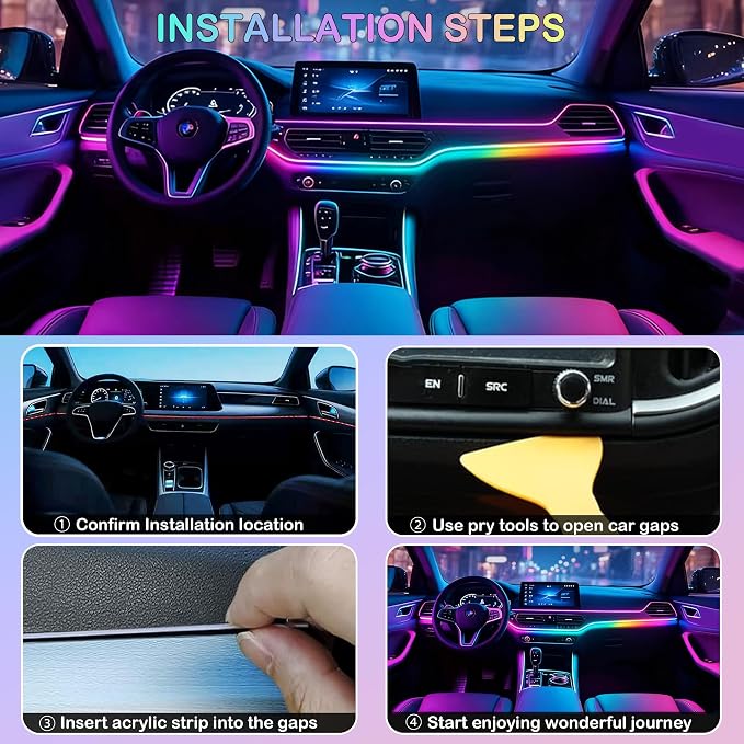 Acrylic Interior Car LED Strip Lights, USB Dreamcolor (2 in 1) | Acrylic LED Lights for Car with Wireless APP and Button Control, RGB Dynamic Chasing, Music Sync Ambient Lighting Kits - Image 7