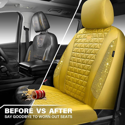 CAR PASS Yellow Bling Diamond Leather Car Seat Cover Full Sets,Waterproof Shining Glitter Sparkly Crystal Universal Fit for Automotive Truck SUV Cute Women Girl Airbag Compatable,All Yellow Rhinestone - Image 7