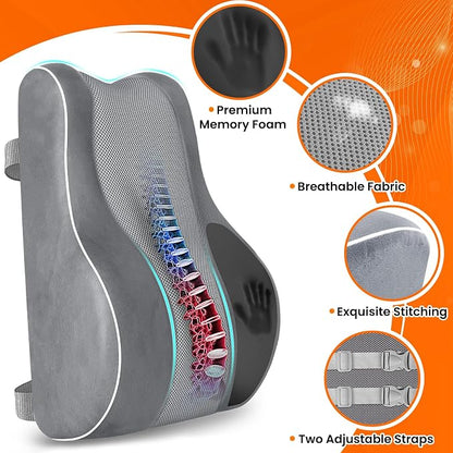 CloudBliss XL Lumbar Support Pillow, Memory Foam for Office, Light Gray | Ergonomic High-Density Memory Foam, Adjustable Straps, Washable Mesh Cover, Lower Back Support for Office, Gaming & Car Seat - Image 4