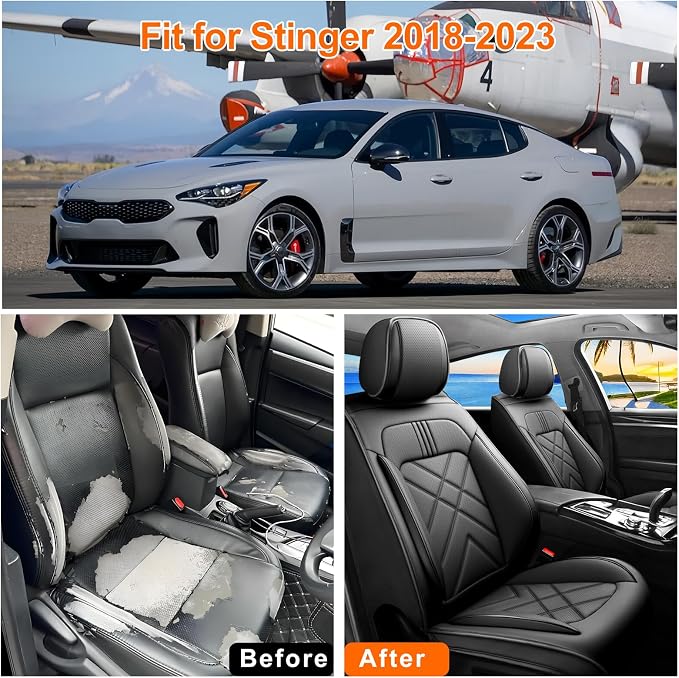 Stinger Car Seat Covers Custom Fit for Kia Stinger 2018-2023, Premium Full Coverage Leather Automotive Seat Protectors, All Seasons Waterproof Breathable, Airbag Compatible, (Full Set, Black) - Image 6