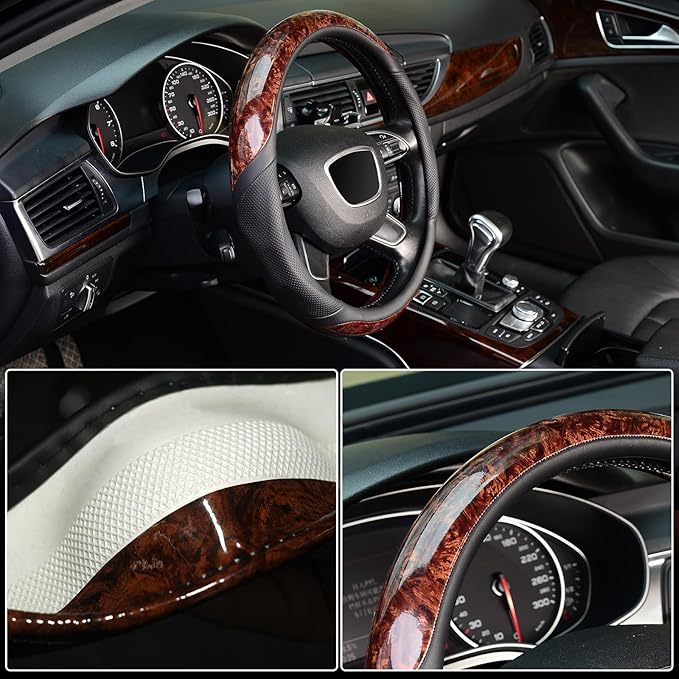 KAFEEK Wood Grain Steering Wheel Cover, Microfiber Leather, 15 Inch | Luxury Mahogany Style, Breathable Perforated Design, Anti-Slip Inner Ring, Odorless - Image 4