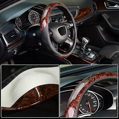 KAFEEK 16 inch Wood Grain Steering Wheel Cover, Large Size | Compatible for F150 F250 F350, Ram 4Runner Tacoma Tundra, Range Rover, Breathable Microfiber Leather - Image 4