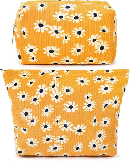 SOIDRAM 2 Pieces Flower Makeup Bag Large Cosmetic Bag Capacity Canvas Mix Travel Toiletry Bag Organizer Cute Makeup Brushes Aesthetic Accessories Storage Bag for Women,Little Flower Mix Yellow by SOIDRAM