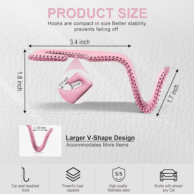 LivTee Headrest Hook for Car, Back Seat Organizer Pink Leather Hanger Holder Hook, Interior Car Accessories for Hanging Purses Bags Coats, 2 Pack - Image 3