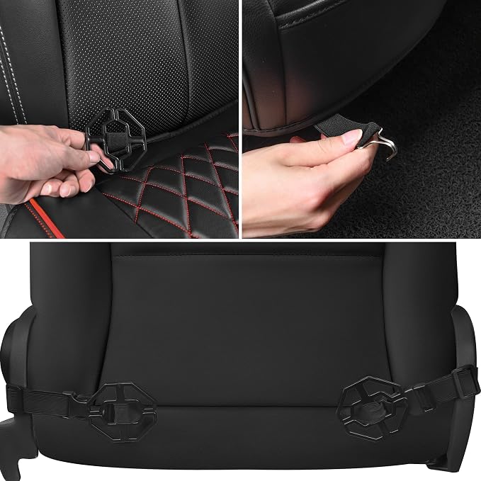 CAR PASS 2 Pack Leather Front Car Seat Covers, Bottom Seat Covers Full Wrapped with Storage Pocket, Anti-Slip PU Seat Protectors,Waterproof Seat Cushion Pad Universal Fit Sedan SUV Truck, Black/Red - Image 5