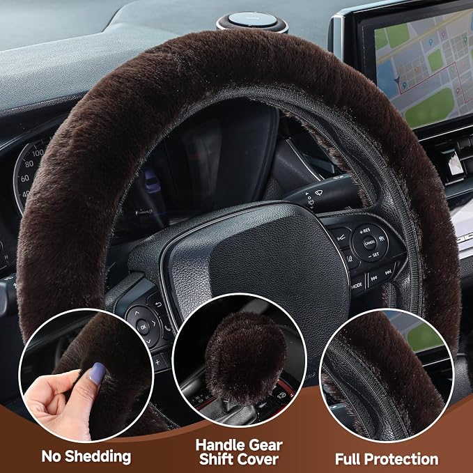 SEG Direct Fluffy Furry Steering Wheel Cover Fuzzy Gear Shift Coffee Brown | 2 PCS Set, Gear Shift Cover, Soft and Warm, Cute Fur Auto Decor, Standard Size 14.5- 15 inch for Women Men - Image 4