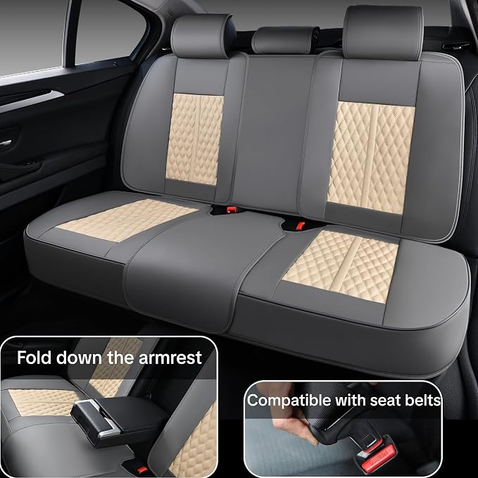 Khaki Car Seat Cover Complete Set, Universal Car Seat Cover for Car with Lumbar Support, Premium Artificial Leather, Waterproof and Easy to Clean, Airbag Compatible, Seat Heating Compatible - Image 7