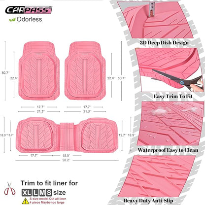 CAR PASS DeepDish Pink Floor Mats for Cars Full Set,Heavy Duty Rubber Car Mats 3-Piece,Universal Waterproof Trim-to Fit Automotive Floor Mats for Truck Van SUV, Durable All-Weather Car Mats (Pink) - Image 2