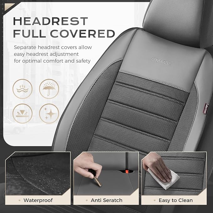 Coverado Car Seat Covers Full Set, Luxury Leather Car Seat Protector, Automotive Front and Rear Mesh Seat Covers, Full Set 5 Seats, Black Gray Seat Cushion for SUV Sedan Truck - Image 6