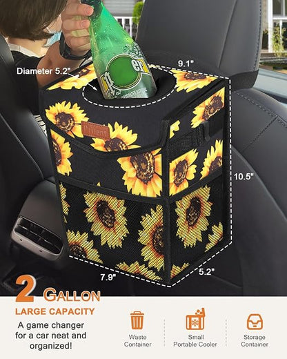 Pritent Car Trash Can with Lid Leakproof Car Garbage Bag Vehicle Trash Bin | Hanging Automotive Garbage Can,Multipurpose Car Accessories for Women Interior Car Storage Organizer(2 Gal,Black Sunflower) - Image 2