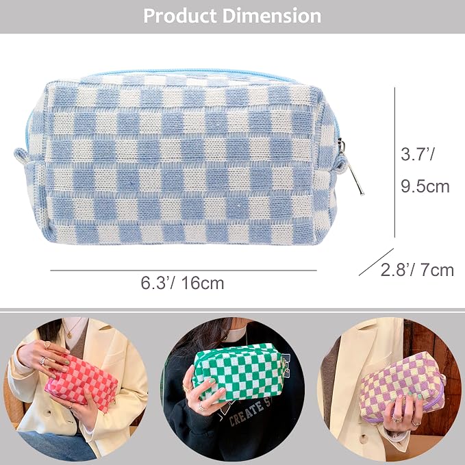PAZIMIIK Checkered Makeup Bag for Purse Portable Zipper Make Up Pouch Small Cosmetic Case for Travel Accessories (Blue) | Cute Zipper Makeup Organizer for Women, Travel Essentials, Toiletries, Makeup Brushes, Beauty Accessories&Bridesmaid Gifts - Image 4