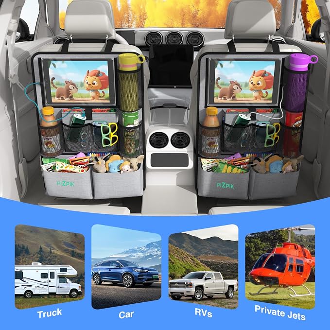 Car Backseat Organizer with Tablet Holder,11 Storage Pockets with Foldable Food Tray, Protector Kick Mats for Kids, Travel Accessories Organizer (Gray, 2-Pack) - Image 6