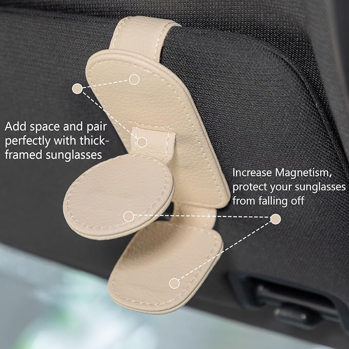 Konohan Sunglasses Holder for Car Visor Leather Eyeglass Hanger Magnetic Sunglasses Holder with 2 Clips(Beige) - Image 4