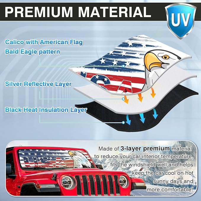 Canvcle Windshield Flag Sun Shade Sun Visor Heat Shield for 2018-2026 Jeep Wrangler JL & 2/4 Door 4XE & 2020-2026 Jeep Gladiator JT Thicken 3-Layer Keep Vehicle Cool Protect Your Car from Sun Heat - Image 5