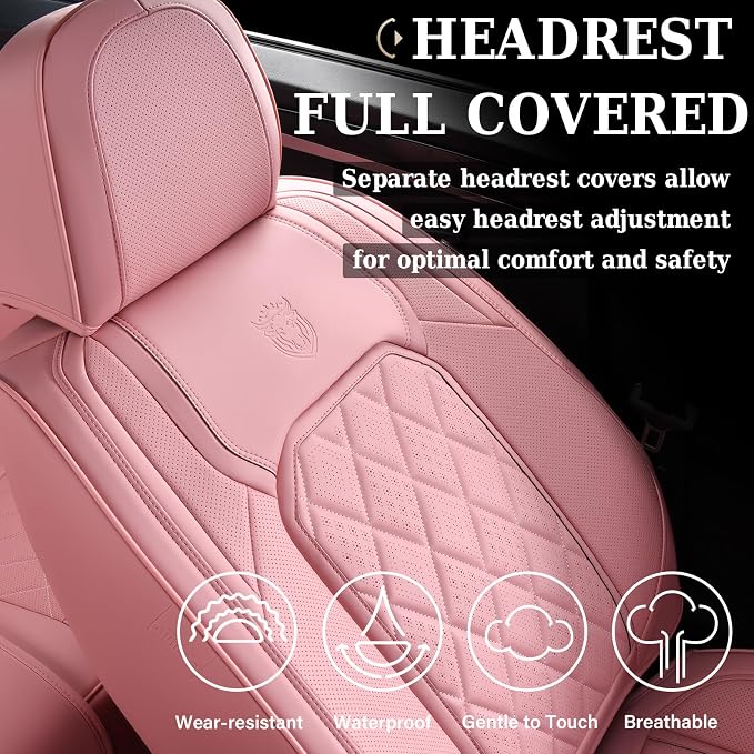 Coverado Car Seat Covers Full Set, Pink Leather Seat Covers for Cars, Universal Waterproof Car Seat Cover, Luxury Front and Back Car Seat Protector, Automotive Seat Covers Fit for Most Cars, Pink - Image 7