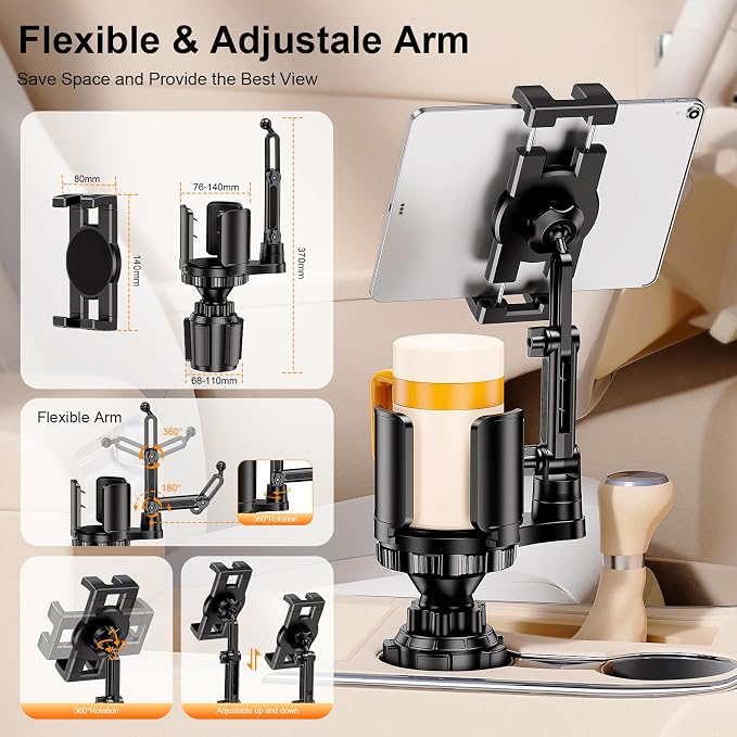 Tablet Holder for Car, 3 in1 Stable Cup Holder ipad Car Mount with Expander | Adjustable Base and Long Arm with 360°Rotation Phone ipad Holder for 4-12.9‘’ Tablet, All Smartphones and Most Bottles - Image 5
