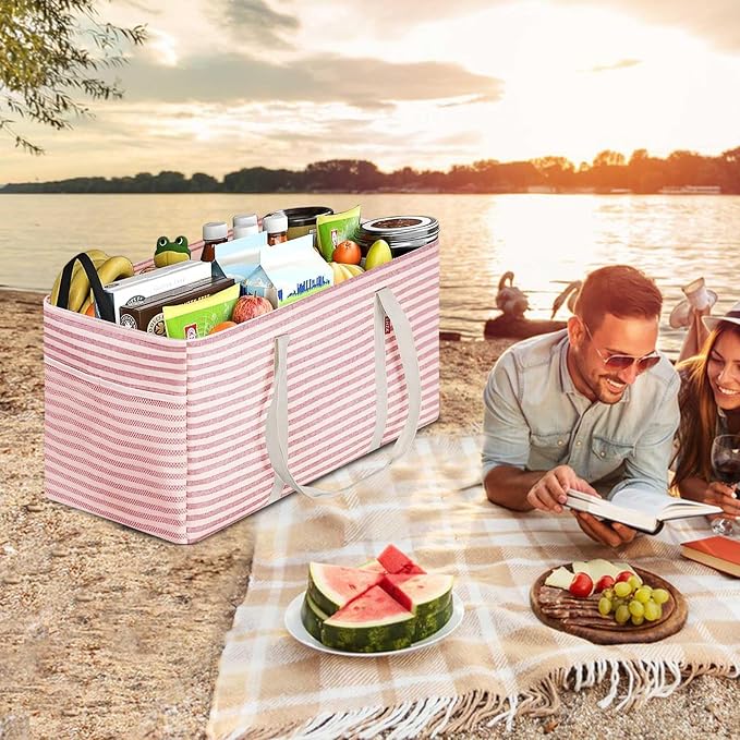 LHZK Standing Extra Large Utility Tote Bag with Metal Wire Frame and the Sides Rinforced, Extra Large Tote Bag with Handle, Reusable Grocery Bags Foldable, Beach Bag, Car Tote (Pink, 26''x15''x13'') - Image 7