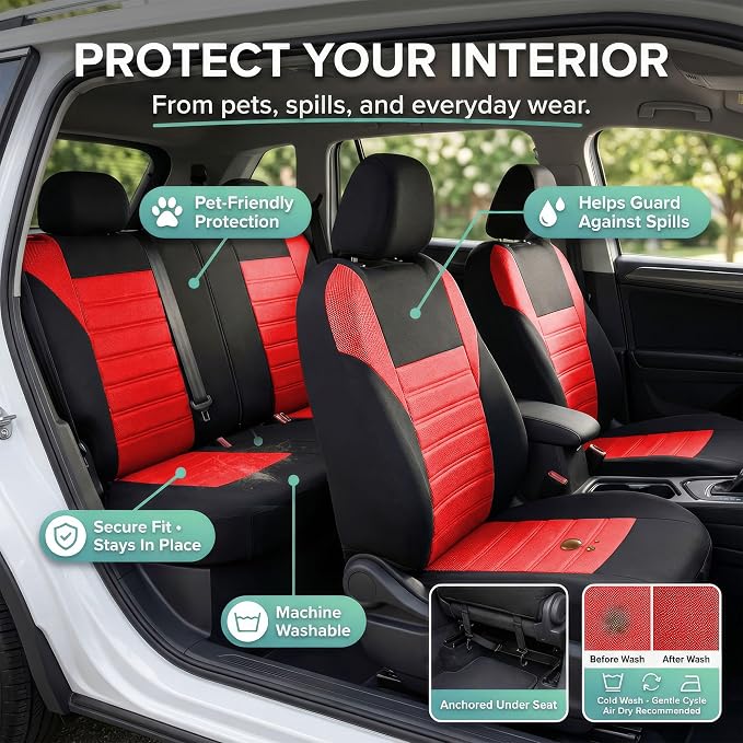 FH Group Automotive Car Seat Covers Full Set Premium 3D Air Mesh Front Seat Covers, Airbag Compatible & Split Bench Cover Universal Fit Interior Accessories for Cars Trucks and SUVs - Red - Image 6
