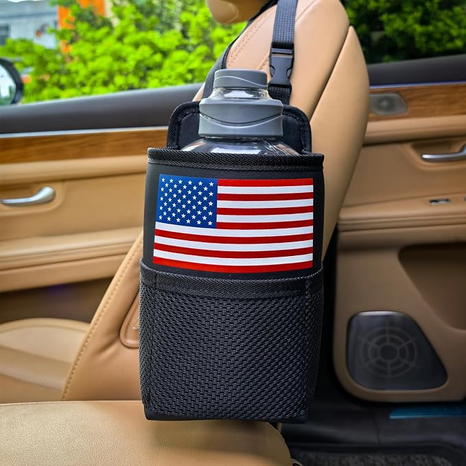 Large Car Cup Holder Expander Big Drinks Holder Bag (Black-US Flag) | Fits Large 24/36/40/46oz Water Bottles,- Universal Auto Vehicle for Cars, SUV & Truck RV's golf-carts by yicheyiyou