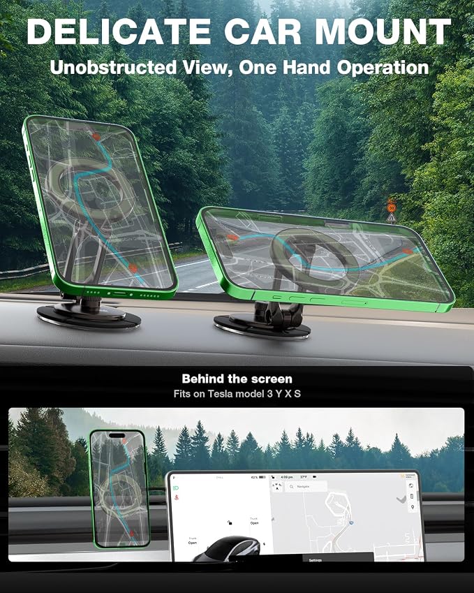 Smolink Magnetic Phone Mount for Tesla Screen and Dashboard | All-Metal Magnetic Phone Holder with Foldable Hidden Design for Tesla 3/Y/S/X and iPhone 17/16/15/14 Pro Max, Green - Image 4