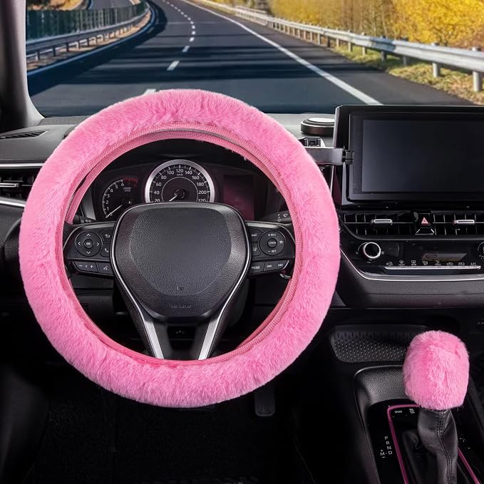 SEG Direct Furry Steering Wheel Cover, Fluffy Fuzzy Gear Shift Cover, Pink | Gear Shift Cover, 2 PCS Set, Soft and Warm, Cute Fur Auto Car Decor, Standard Size 14.5- 15 inch for Women Men - Image 2