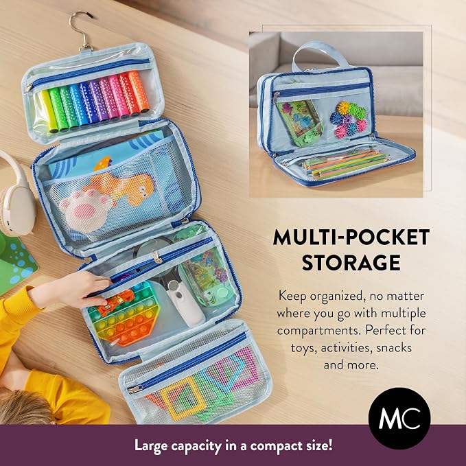Kids Travel Organizer – Multi-Compartment, Water-Resistant Hanging Bag for Toys, Snacks, & Activities - Compact, Lightweight Design with Hook & Carry Handle - Perfect for Travel Use (Blue, Small) - Image 4