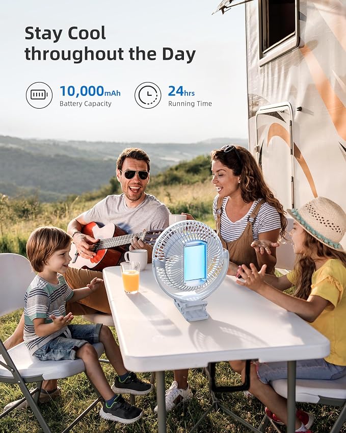 Koonie 8" Clip on Fan, 10000mAh Rechargeable Battery, Strong Airflow | 4 Speeds, Sturdy Clamp, Ideal Portable USB Desk Fan for Office, Golf Cart, Camping, Travel, Tent, Outdoor, Treadmill & Gym - Image 4