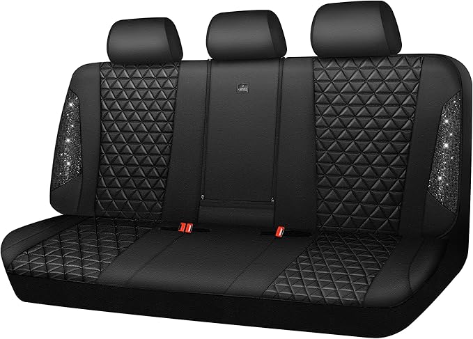 CAR PASS Bling Back Seat Cover, Waterproof Leather Bench Rear Seat Cover Shining Diamond Truck Glitter Crystal Sparkly Rhinestone Universal Fit Armrest Automotive Kid Women Girl, Black Diamond by CARPASS